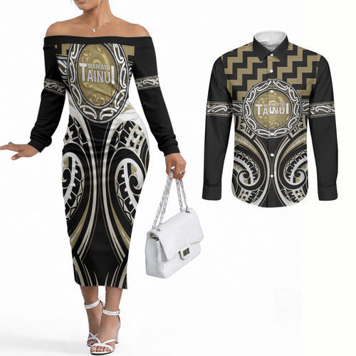 Aotearoa Waikato Tainui Personalised Couples Matching Off The Shoulder Long Sleeve Dress and Long Sleeve Button Shirt Maori Iwi Poutama Puhoro Tattoo