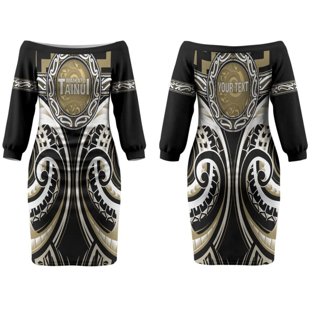 Aotearoa Waikato Tainui Personalised Couples Matching Off The Shoulder Long Sleeve Dress and Long Sleeve Button Shirt Maori Iwi Poutama Puhoro Tattoo