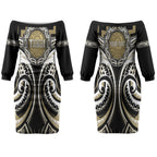 Aotearoa Waikato Tainui Personalised Couples Matching Off The Shoulder Long Sleeve Dress and Long Sleeve Button Shirt Maori Iwi Poutama Puhoro Tattoo