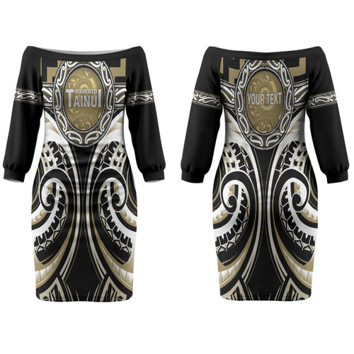 Aotearoa Waikato Tainui Personalised Couples Matching Off The Shoulder Long Sleeve Dress and Long Sleeve Button Shirt Maori Iwi Poutama Puhoro Tattoo