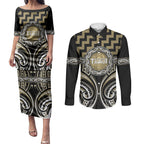Aotearoa Waikato Tainui Personalised Couples Matching Puletasi and Long Sleeve Button Shirt Maori Iwi Poutama Puhoro Tattoo