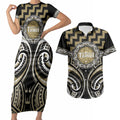 Aotearoa Waikato Tainui Personalised Couples Matching Short Sleeve Bodycon Dress and Hawaiian Shirt Maori Iwi Poutama Puhoro Tattoo
