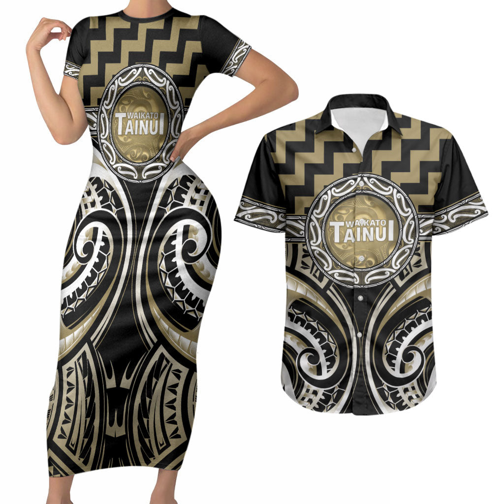 Aotearoa Waikato Tainui Personalised Couples Matching Short Sleeve Bodycon Dress and Hawaiian Shirt Maori Iwi Poutama Puhoro Tattoo