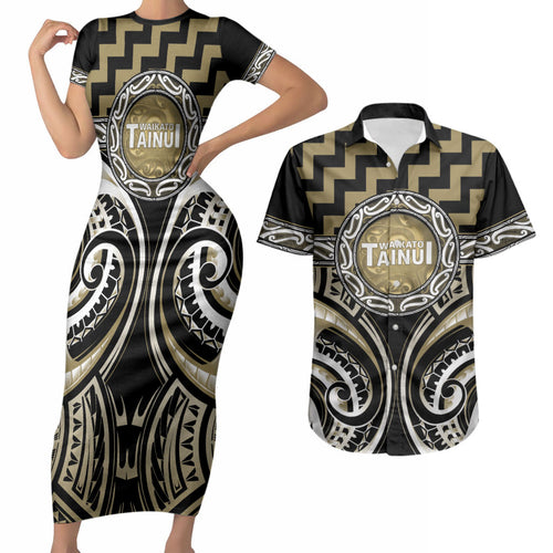 Aotearoa Waikato Tainui Personalised Couples Matching Short Sleeve Bodycon Dress and Hawaiian Shirt Maori Iwi Poutama Puhoro Tattoo