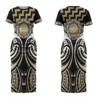 Aotearoa Waikato Tainui Personalised Couples Matching Short Sleeve Bodycon Dress and Hawaiian Shirt Maori Iwi Poutama Puhoro Tattoo