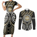 Aotearoa Waikato Tainui Personalised Couples Matching Short Sleeve Bodycon Dress and Long Sleeve Button Shirt Maori Iwi Poutama Puhoro Tattoo