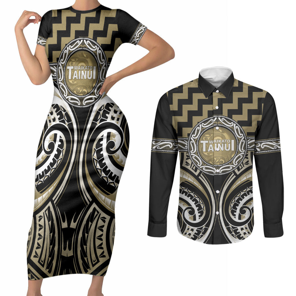 Aotearoa Waikato Tainui Personalised Couples Matching Short Sleeve Bodycon Dress and Long Sleeve Button Shirt Maori Iwi Poutama Puhoro Tattoo