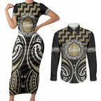 Aotearoa Waikato Tainui Personalised Couples Matching Short Sleeve Bodycon Dress and Long Sleeve Button Shirt Maori Iwi Poutama Puhoro Tattoo