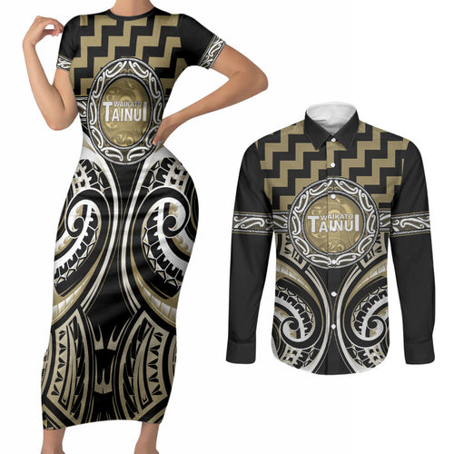 Aotearoa Waikato Tainui Personalised Couples Matching Short Sleeve Bodycon Dress and Long Sleeve Button Shirt Maori Iwi Poutama Puhoro Tattoo