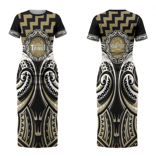 Aotearoa Waikato Tainui Personalised Couples Matching Short Sleeve Bodycon Dress and Long Sleeve Button Shirt Maori Iwi Poutama Puhoro Tattoo
