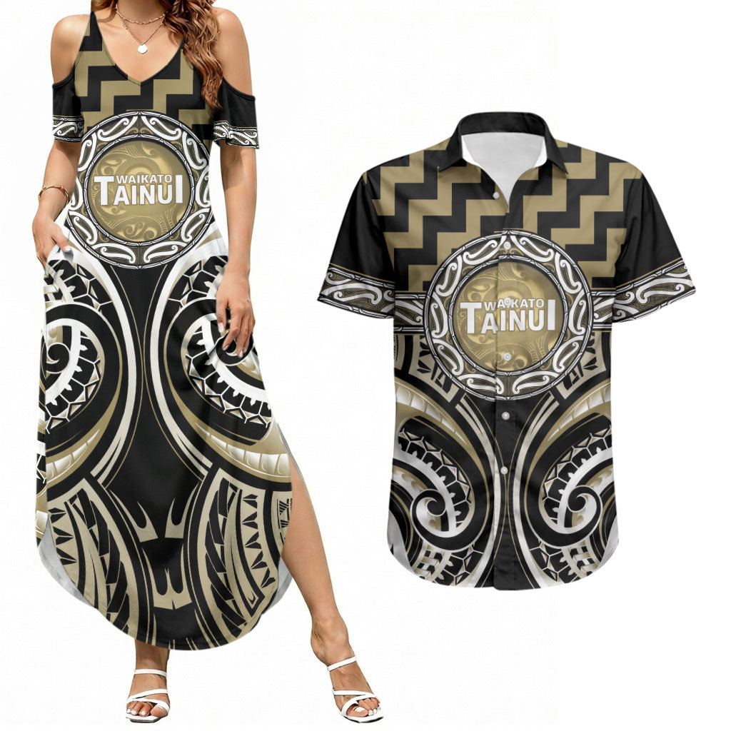 Aotearoa Waikato Tainui Personalised Couples Matching Summer Maxi Dress and Hawaiian Shirt Maori Iwi Poutama Puhoro Tattoo