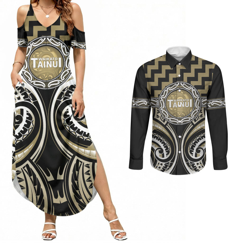 Aotearoa Waikato Tainui Personalised Couples Matching Summer Maxi Dress and Long Sleeve Button Shirt Maori Iwi Poutama Puhoro Tattoo