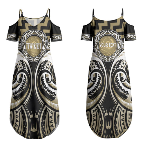 Aotearoa Waikato Tainui Personalised Couples Matching Summer Maxi Dress and Long Sleeve Button Shirt Maori Iwi Poutama Puhoro Tattoo