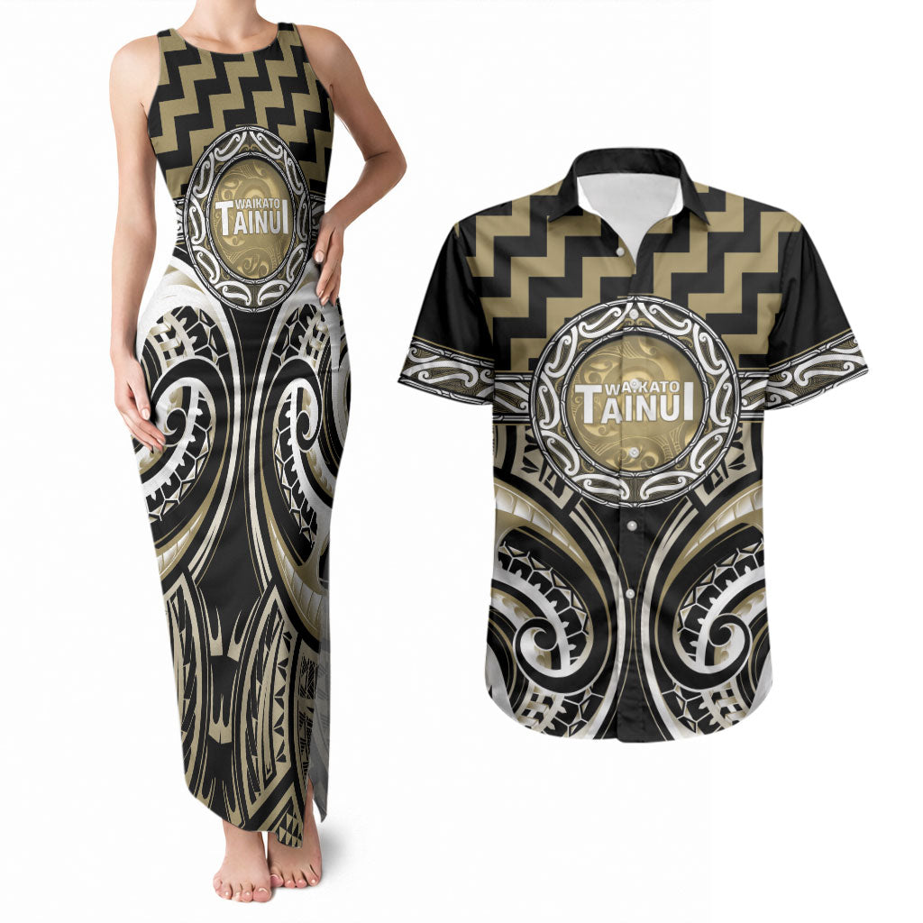 Aotearoa Waikato Tainui Personalised Couples Matching Tank Maxi Dress and Hawaiian Shirt Maori Iwi Poutama Puhoro Tattoo