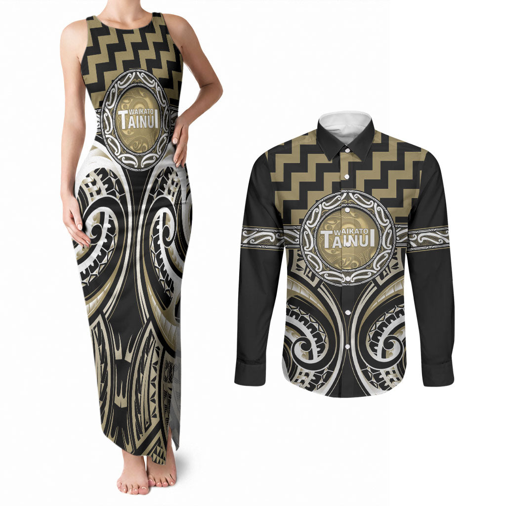 Aotearoa Waikato Tainui Personalised Couples Matching Tank Maxi Dress and Long Sleeve Button Shirt Maori Iwi Poutama Puhoro Tattoo
