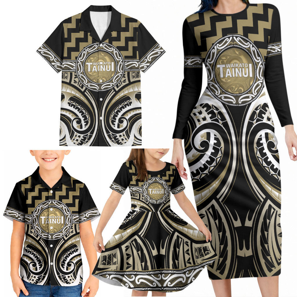Aotearoa Waikato Tainui Personalised Family Matching Long Sleeve Bodycon Dress and Hawaiian Shirt Maori Iwi Poutama Puhoro Tattoo