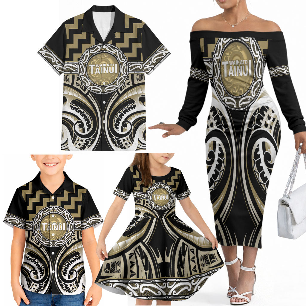 Aotearoa Waikato Tainui Personalised Family Matching Off The Shoulder Long Sleeve Dress and Hawaiian Shirt Maori Iwi Poutama Puhoro Tattoo