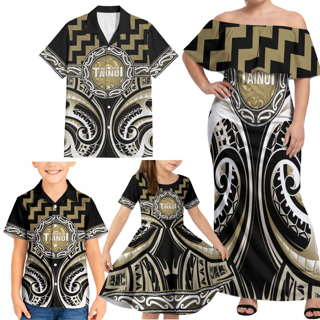 Aotearoa Waikato Tainui Personalised Family Matching Off Shoulder Maxi Dress and Hawaiian Shirt Maori Iwi Poutama Puhoro Tattoo