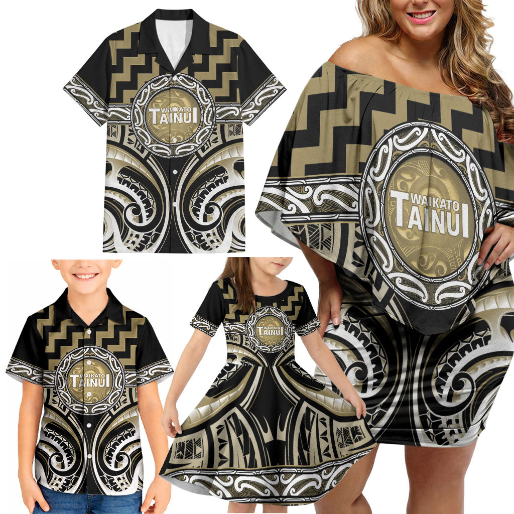 Aotearoa Waikato Tainui Personalised Family Matching Off Shoulder Short Dress and Hawaiian Shirt Maori Iwi Poutama Puhoro Tattoo