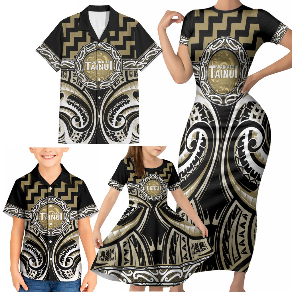 Aotearoa Waikato Tainui Personalised Family Matching Short Sleeve Bodycon Dress and Hawaiian Shirt Maori Iwi Poutama Puhoro Tattoo