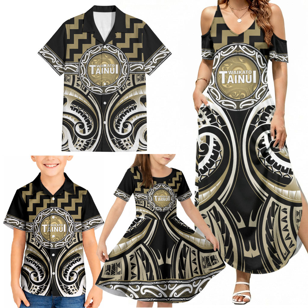 Aotearoa Waikato Tainui Personalised Family Matching Summer Maxi Dress and Hawaiian Shirt Maori Iwi Poutama Puhoro Tattoo
