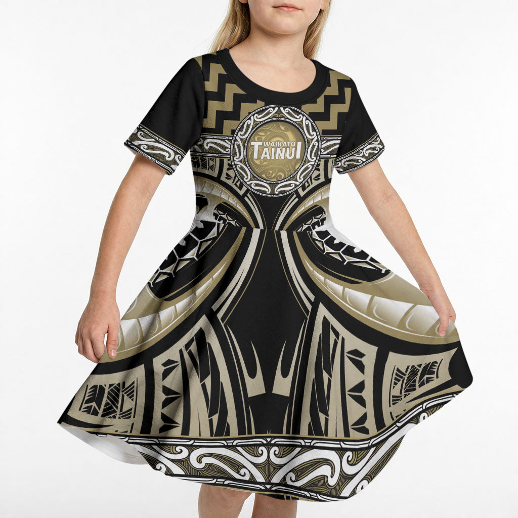 Aotearoa Waikato Tainui Personalised Kid Short Sleeve Dress Maori Iwi Poutama Puhoro Tattoo