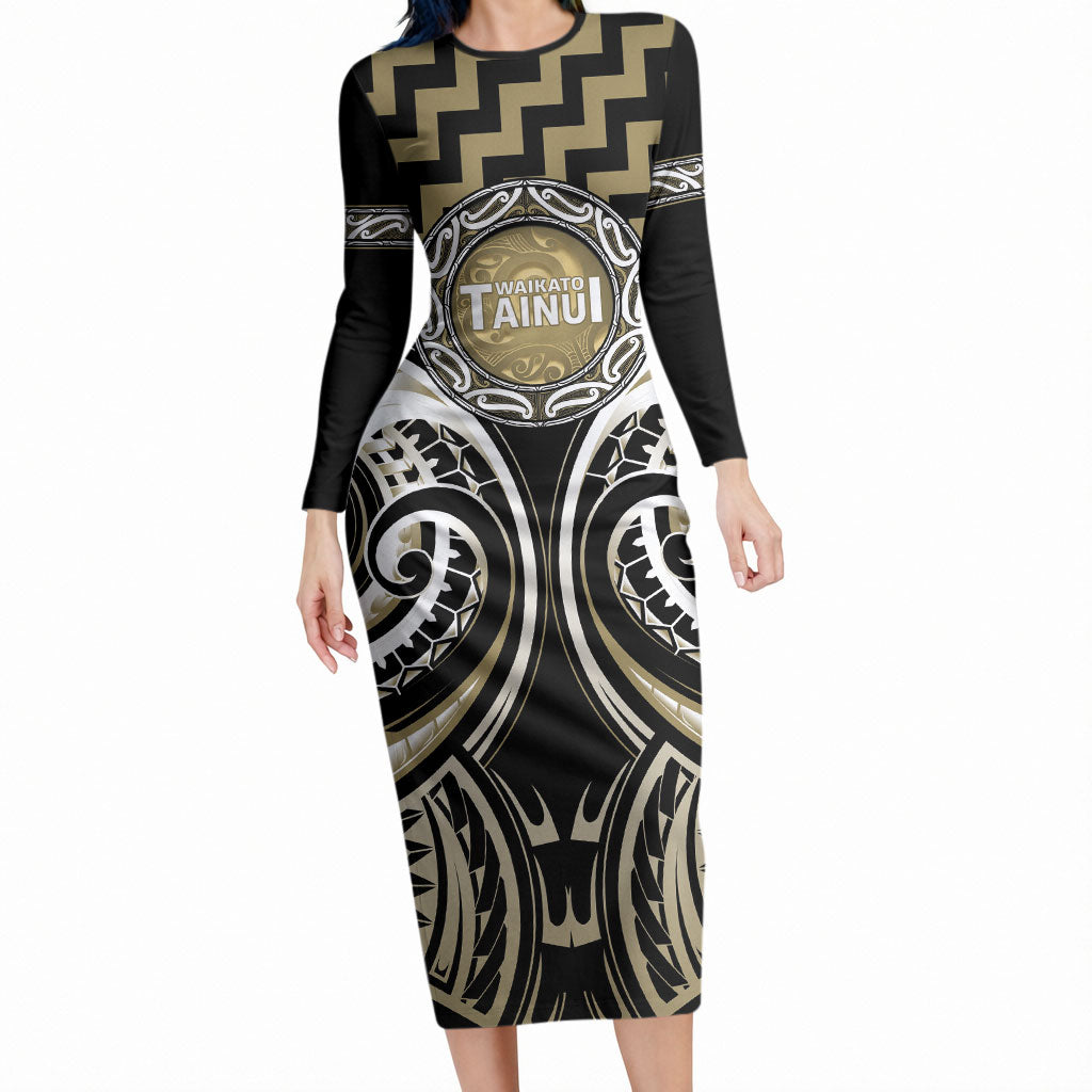 Aotearoa Waikato Tainui Personalised Long Sleeve Bodycon Dress Maori Iwi Poutama Puhoro Tattoo