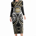 Aotearoa Waikato Tainui Personalised Long Sleeve Bodycon Dress Maori Iwi Poutama Puhoro Tattoo