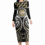 Aotearoa Waikato Tainui Personalised Long Sleeve Bodycon Dress Maori Iwi Poutama Puhoro Tattoo