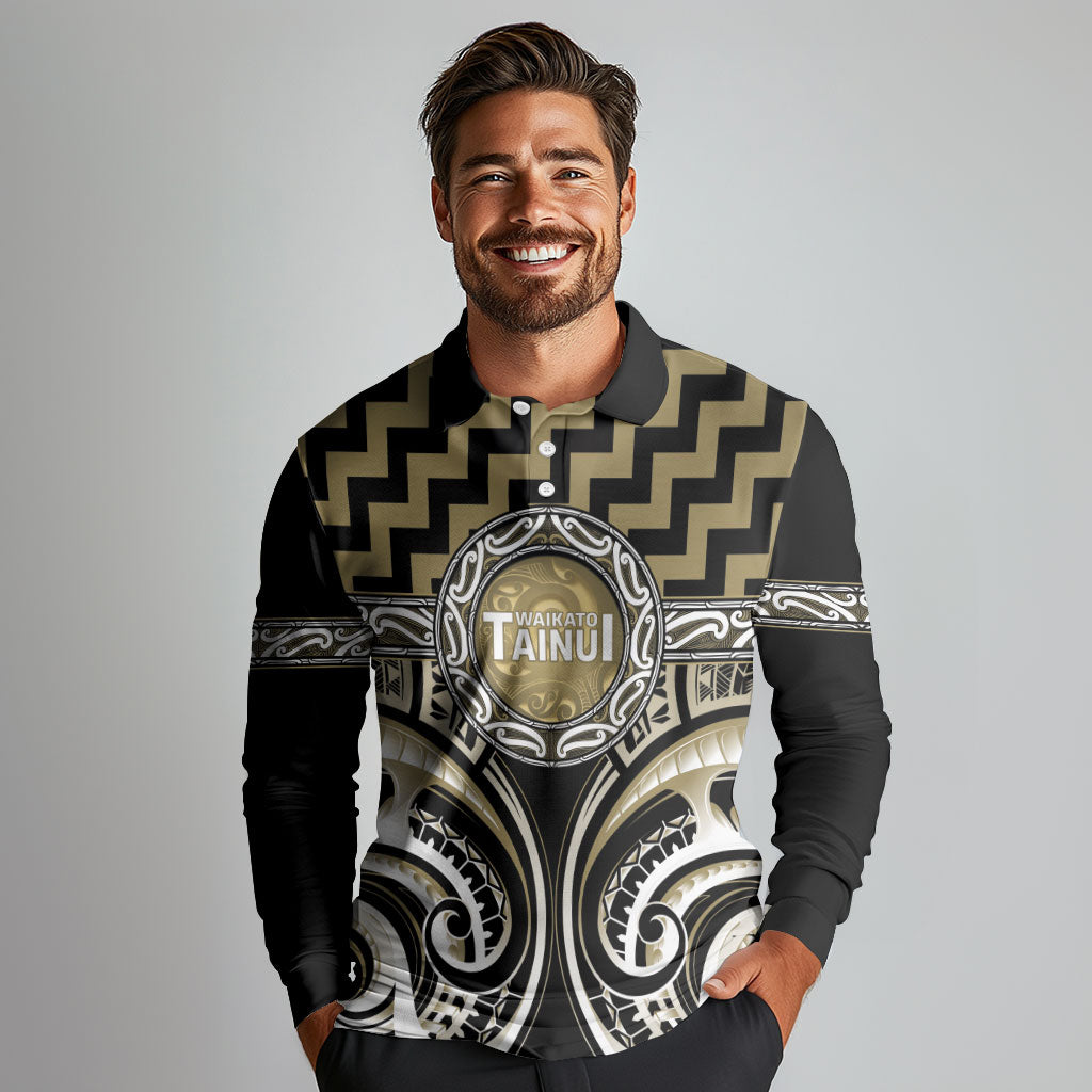 Aotearoa Waikato Tainui Personalised Long Sleeve Polo Shirt Maori Iwi Poutama Puhoro Tattoo