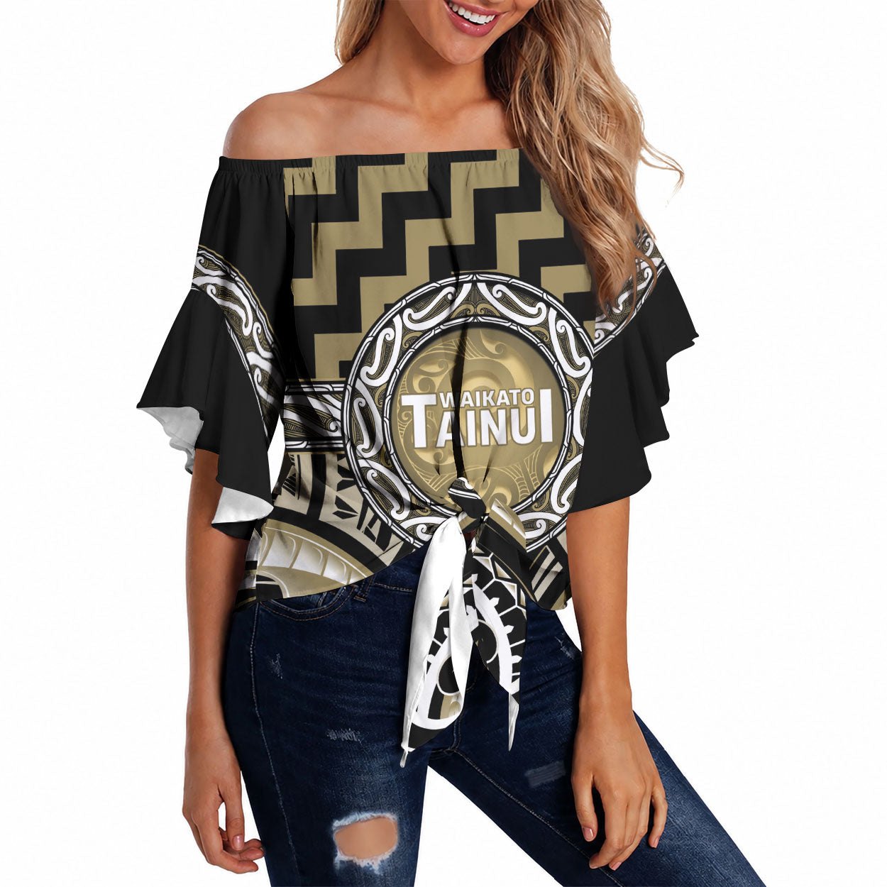 Aotearoa Waikato Tainui Personalised Off Shoulder Wrap Waist Top Maori Iwi Poutama Puhoro Tattoo