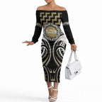 Aotearoa Waikato Tainui Personalised Off The Shoulder Long Sleeve Dress Maori Iwi Poutama Puhoro Tattoo
