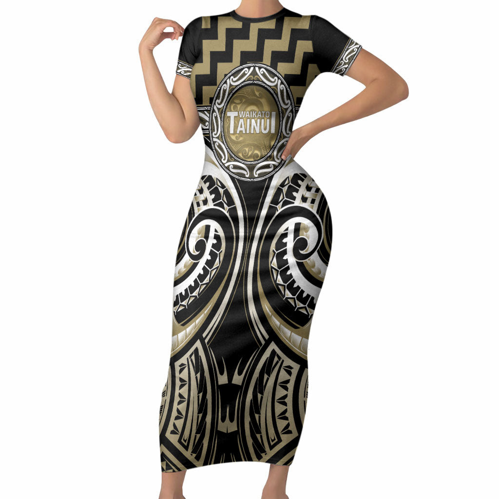 Aotearoa Waikato Tainui Personalised Short Sleeve Bodycon Dress Maori Iwi Poutama Puhoro Tattoo