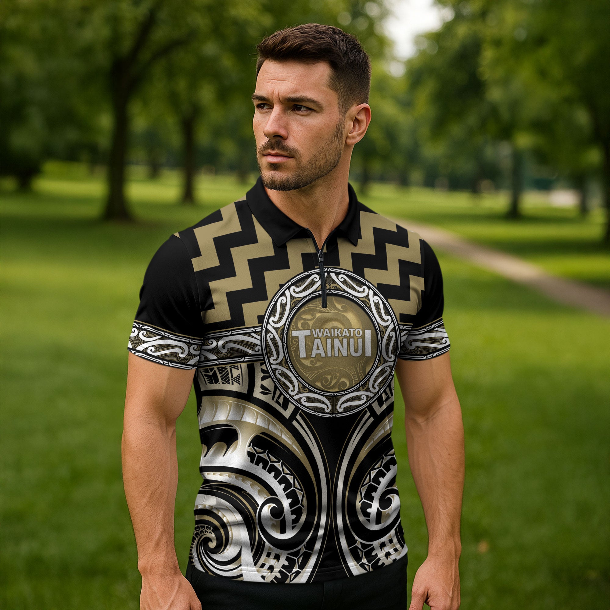 Aotearoa Waikato Tainui Personalised Zipper Polo Shirt Maori Iwi Poutama Puhoro Tattoo