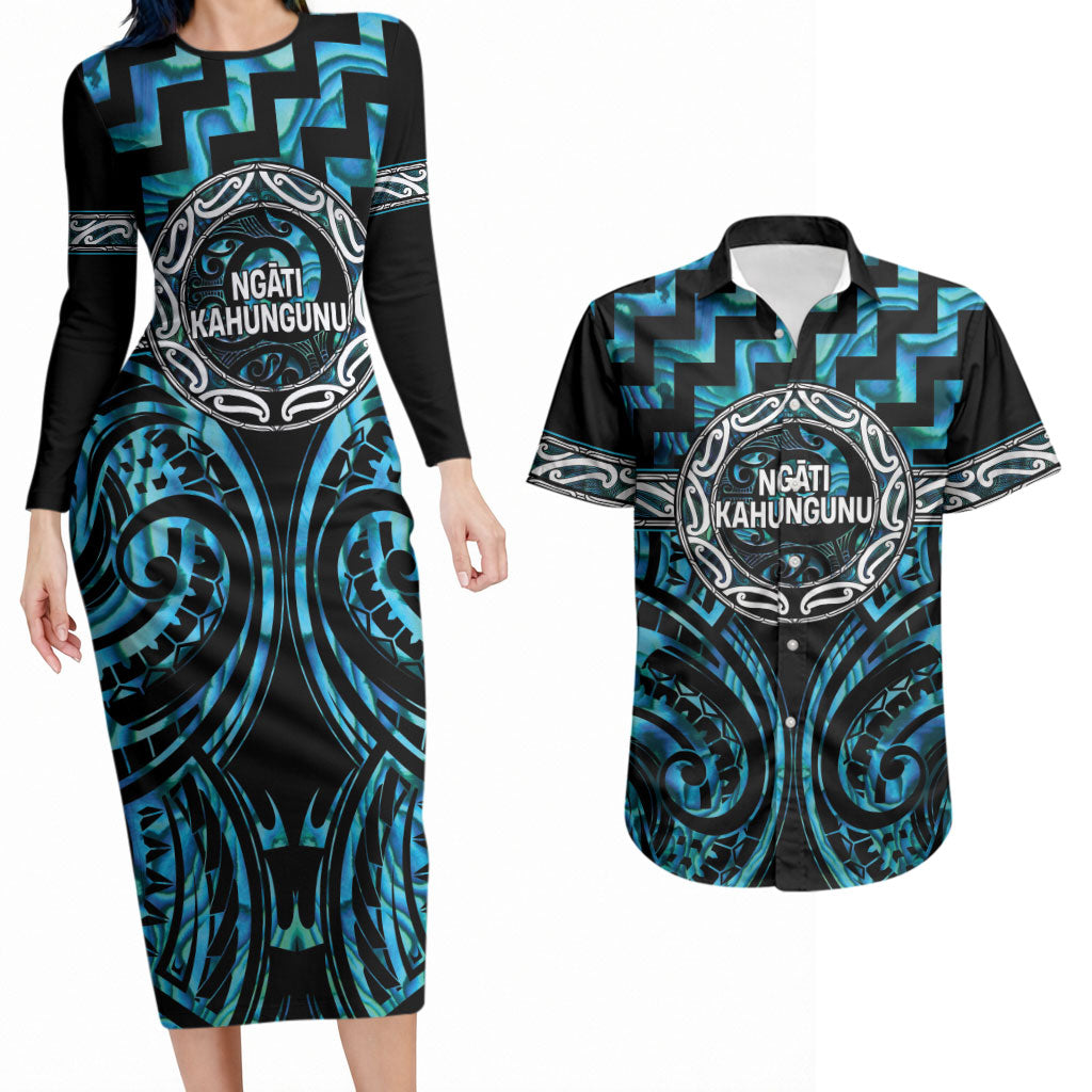 Aotearoa Ngati Kahungunu Personalised Couples Matching Long Sleeve Bodycon Dress and Hawaiian Shirt Maori Iwi Poutama Puhoro Tattoo
