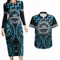 Aotearoa Ngati Kahungunu Personalised Couples Matching Long Sleeve Bodycon Dress and Hawaiian Shirt Maori Iwi Poutama Puhoro Tattoo