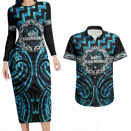 Aotearoa Ngati Kahungunu Personalised Couples Matching Long Sleeve Bodycon Dress and Hawaiian Shirt Maori Iwi Poutama Puhoro Tattoo
