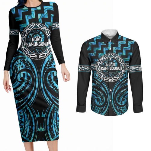 Aotearoa Ngati Kahungunu Personalised Couples Matching Long Sleeve Bodycon Dress and Long Sleeve Button Shirt Maori Iwi Poutama Puhoro Tattoo