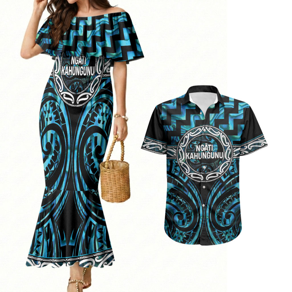 Aotearoa Ngati Kahungunu Personalised Couples Matching Mermaid Dress and Hawaiian Shirt Maori Iwi Poutama Puhoro Tattoo