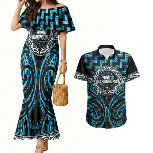 Aotearoa Ngati Kahungunu Personalised Couples Matching Mermaid Dress and Hawaiian Shirt Maori Iwi Poutama Puhoro Tattoo