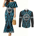 Aotearoa Ngati Kahungunu Personalised Couples Matching Mermaid Dress and Long Sleeve Button Shirt Maori Iwi Poutama Puhoro Tattoo
