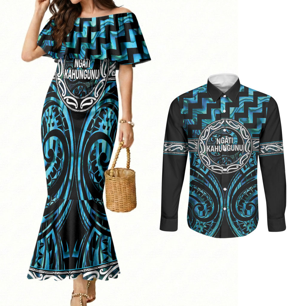 Aotearoa Ngati Kahungunu Personalised Couples Matching Mermaid Dress and Long Sleeve Button Shirt Maori Iwi Poutama Puhoro Tattoo
