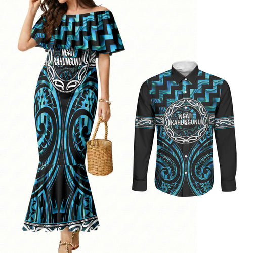 Aotearoa Ngati Kahungunu Personalised Couples Matching Mermaid Dress and Long Sleeve Button Shirt Maori Iwi Poutama Puhoro Tattoo
