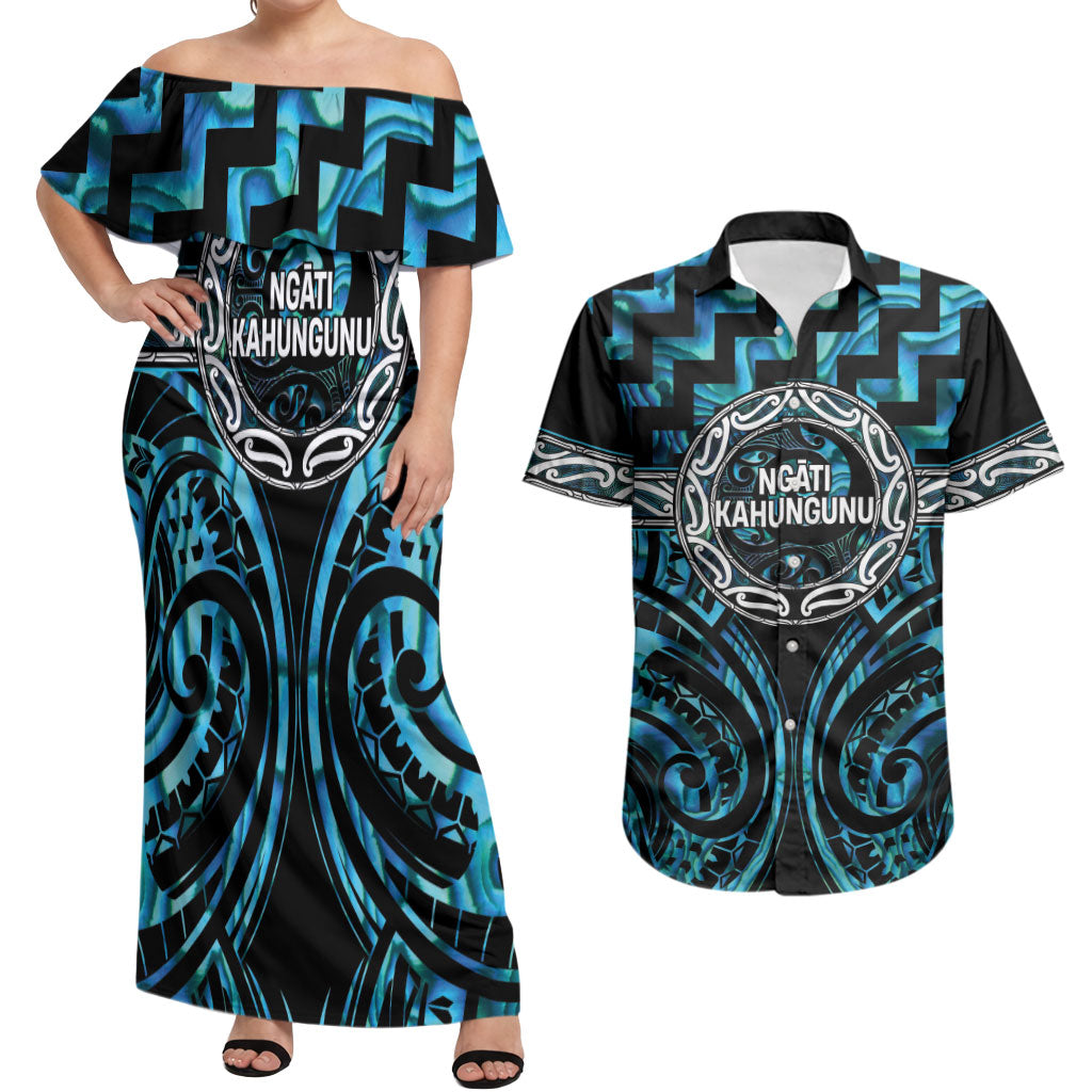 Aotearoa Ngati Kahungunu Personalised Couples Matching Off Shoulder Maxi Dress and Hawaiian Shirt Maori Iwi Poutama Puhoro Tattoo