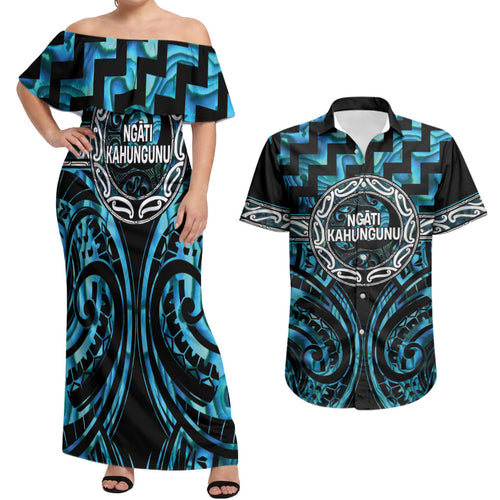Aotearoa Ngati Kahungunu Personalised Couples Matching Off Shoulder Maxi Dress and Hawaiian Shirt Maori Iwi Poutama Puhoro Tattoo