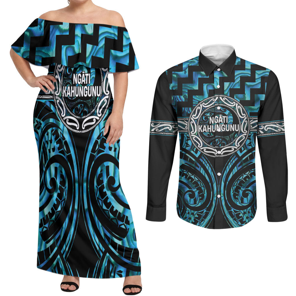 Aotearoa Ngati Kahungunu Personalised Couples Matching Off Shoulder Maxi Dress and Long Sleeve Button Shirt Maori Iwi Poutama Puhoro Tattoo