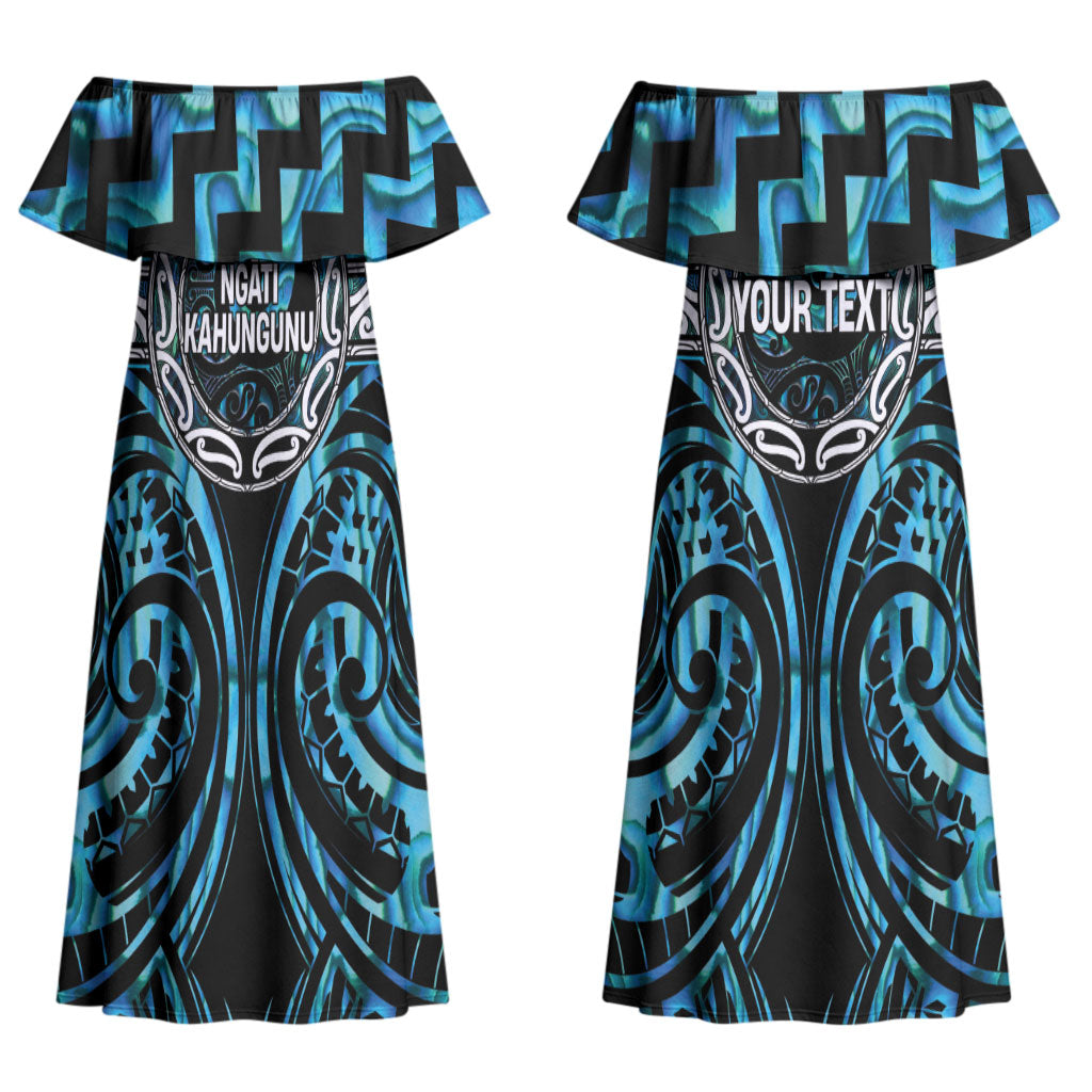 Aotearoa Ngati Kahungunu Personalised Couples Matching Off Shoulder Maxi Dress and Long Sleeve Button Shirt Maori Iwi Poutama Puhoro Tattoo