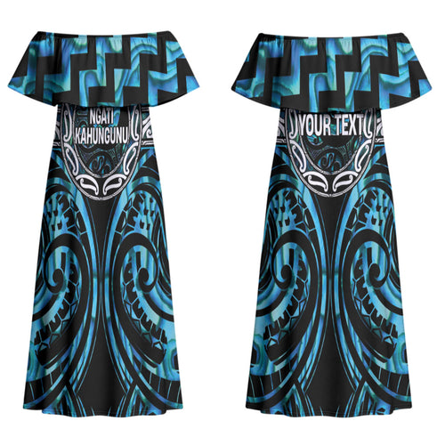 Aotearoa Ngati Kahungunu Personalised Couples Matching Off Shoulder Maxi Dress and Long Sleeve Button Shirt Maori Iwi Poutama Puhoro Tattoo