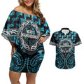 Aotearoa Ngati Kahungunu Personalised Couples Matching Off Shoulder Short Dress and Hawaiian Shirt Maori Iwi Poutama Puhoro Tattoo
