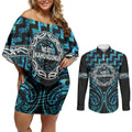 Aotearoa Ngati Kahungunu Personalised Couples Matching Off Shoulder Short Dress and Long Sleeve Button Shirt Maori Iwi Poutama Puhoro Tattoo